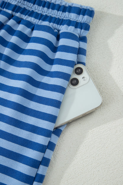 Striped Ribbed Cotton Two-Piece Short Set with Chest Patch Detail