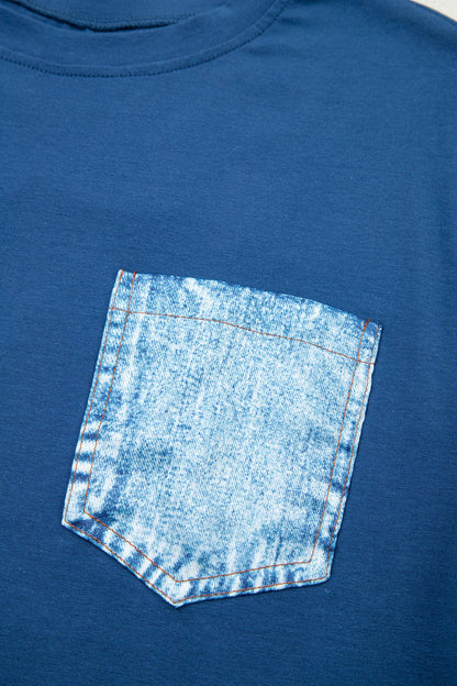 Color Block Chest Pocket Patched Casual Short Sleeve Top