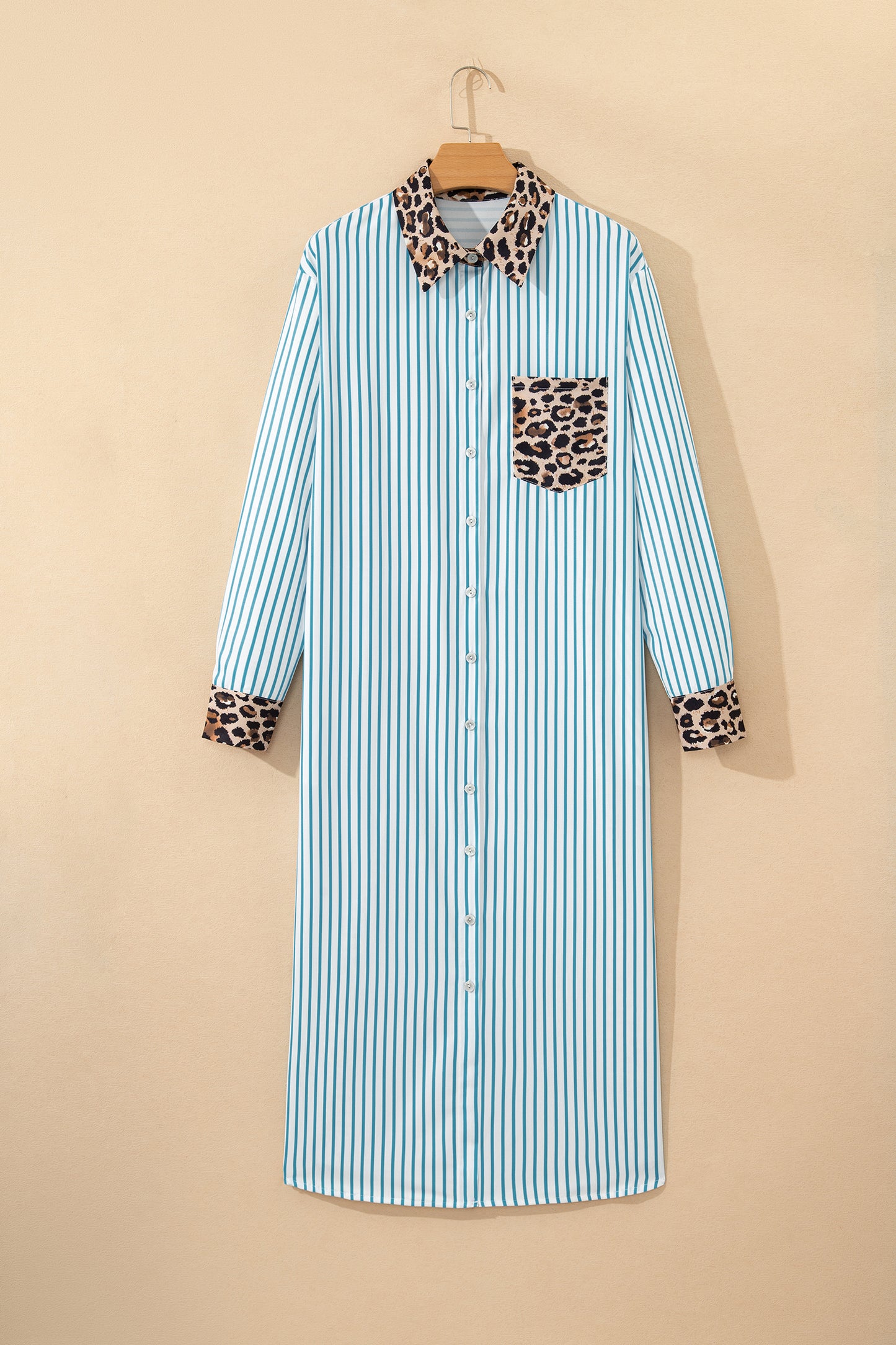 Brown Stripe Contrast Leopard Patchwork Long Shirt Dress with Slits