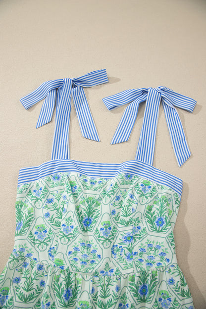 Geometric Floral Print Striped Patchwork Detail Sleeveless Dress