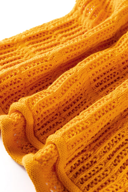 Mustard Hollow out Openwork Knit 3/4 Sleeve Sweater