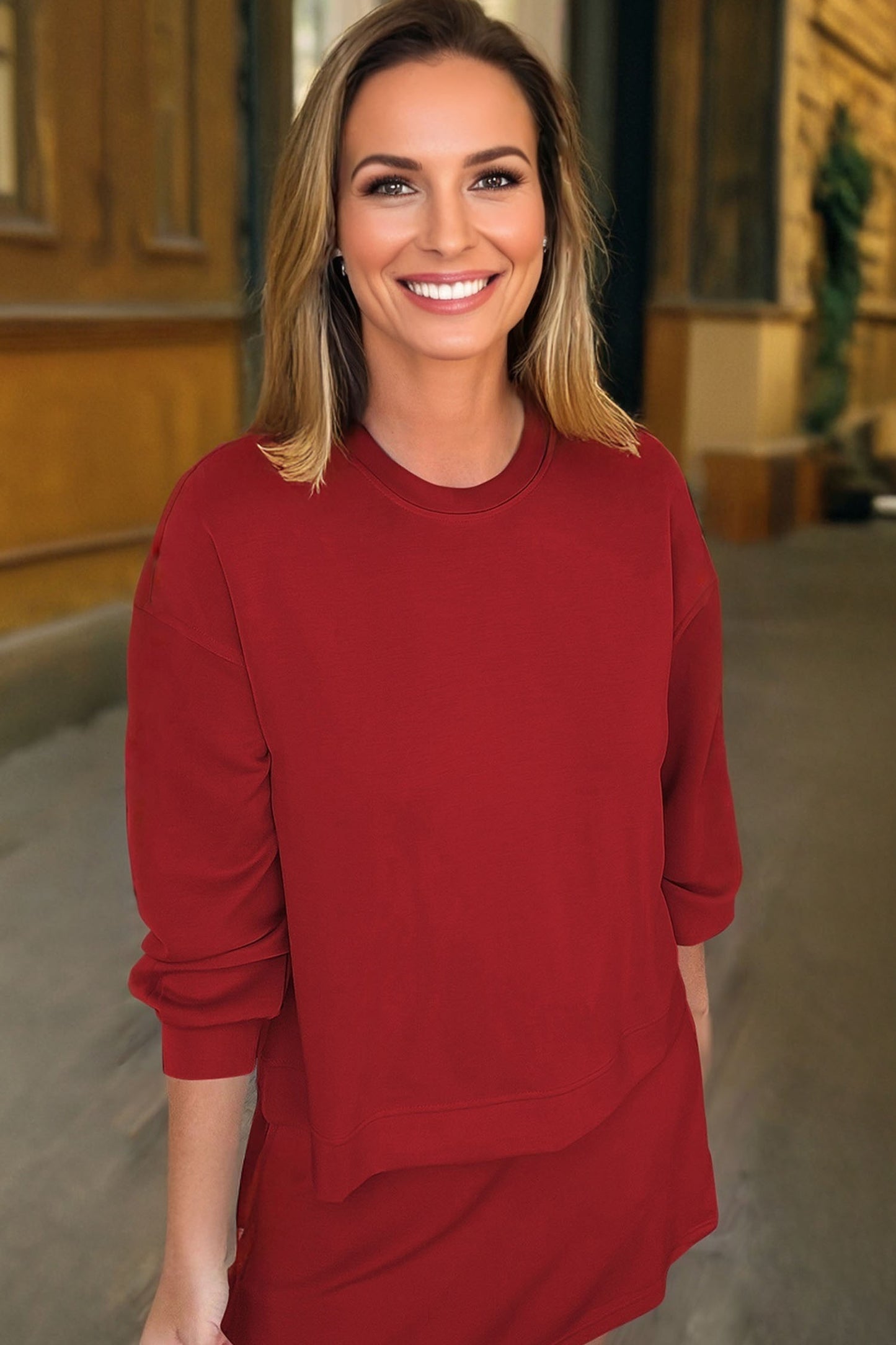 Solid Color Drop Shoulder Pullover Drawstring Mini Skirt 2pcs Outfit