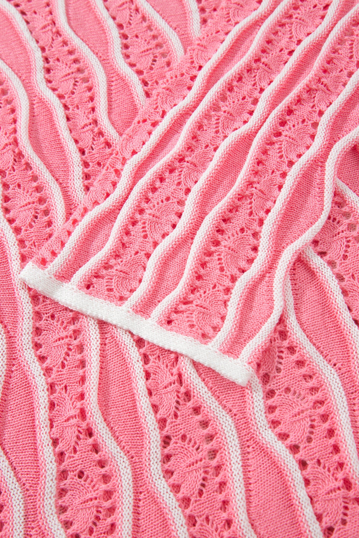 Wavy Detail Hollow Out Knit Long Sleeve Cotton Pullover Sweater