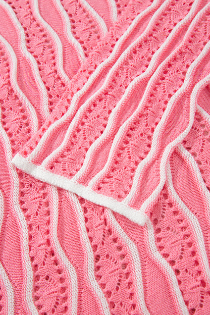 Wavy Detail Hollow Out Knit Long Sleeve Cotton Pullover Sweater