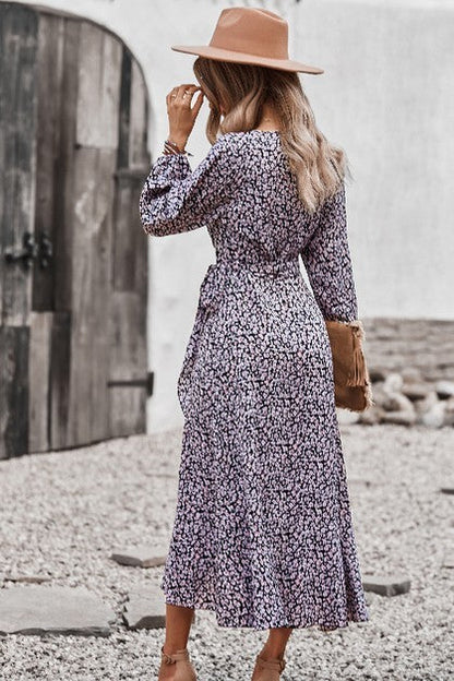 Ditsy Floral Vneck Ruffled Hem Wrap Midi Dress