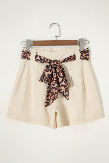 Leopard Contrast Sash Belt Pleated Wide Leg Shorts