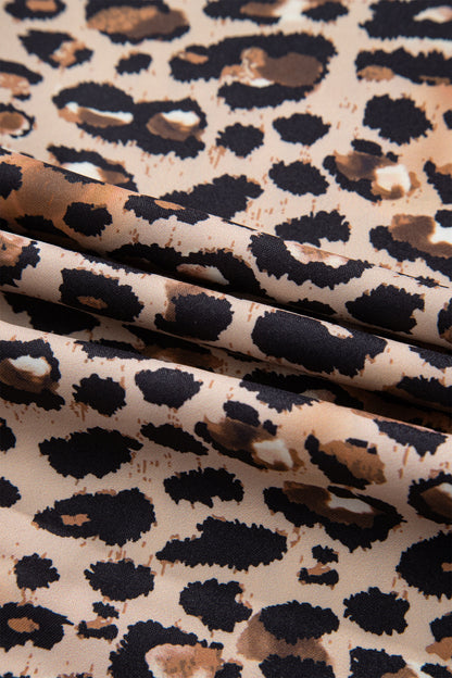 Brown Stripe Contrast Leopard Patchwork Long Shirt Dress with Slits