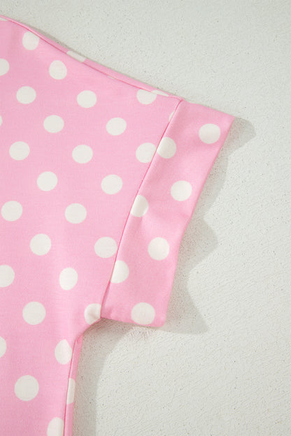 Polka Dot Print Color Block Trim Mock Neck Short Set