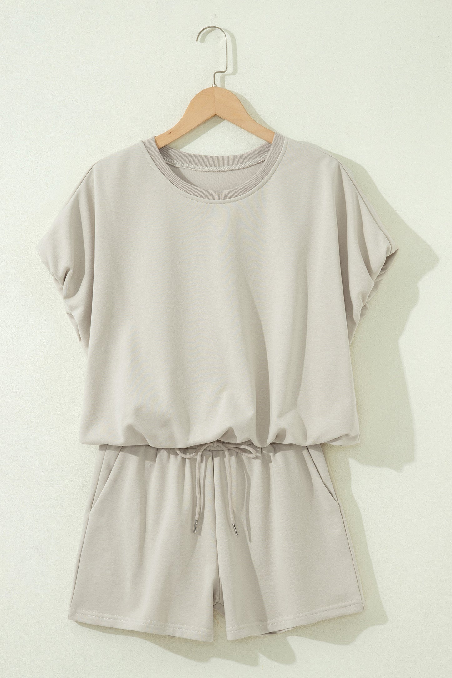 Solid Color Puffy Loose Top Drawstring Shorts 2pcs Outfit