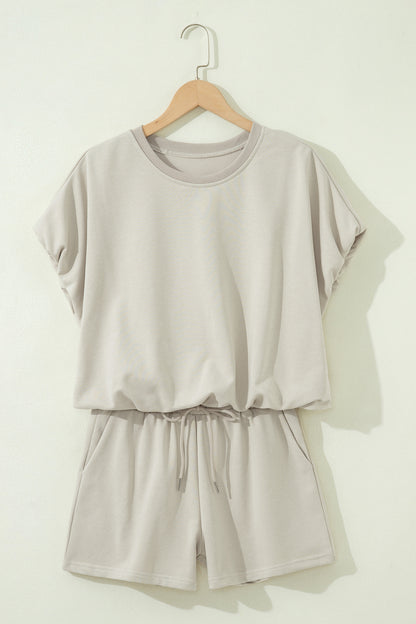Solid Color Puffy Loose Top Drawstring Shorts 2pcs Outfit