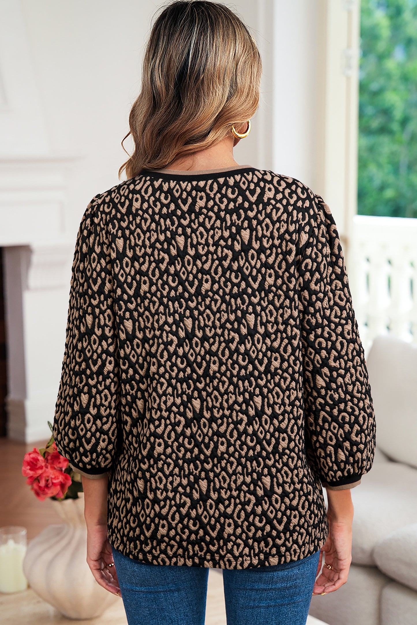 Black Leopard Print Puffy Bracelet Sleeve Contrast Trim Round Neck Top