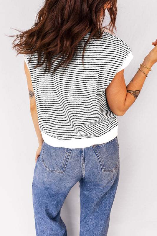 Black Stripe Contrast Trim Cap Sleeve Button Down Casual Cardigan