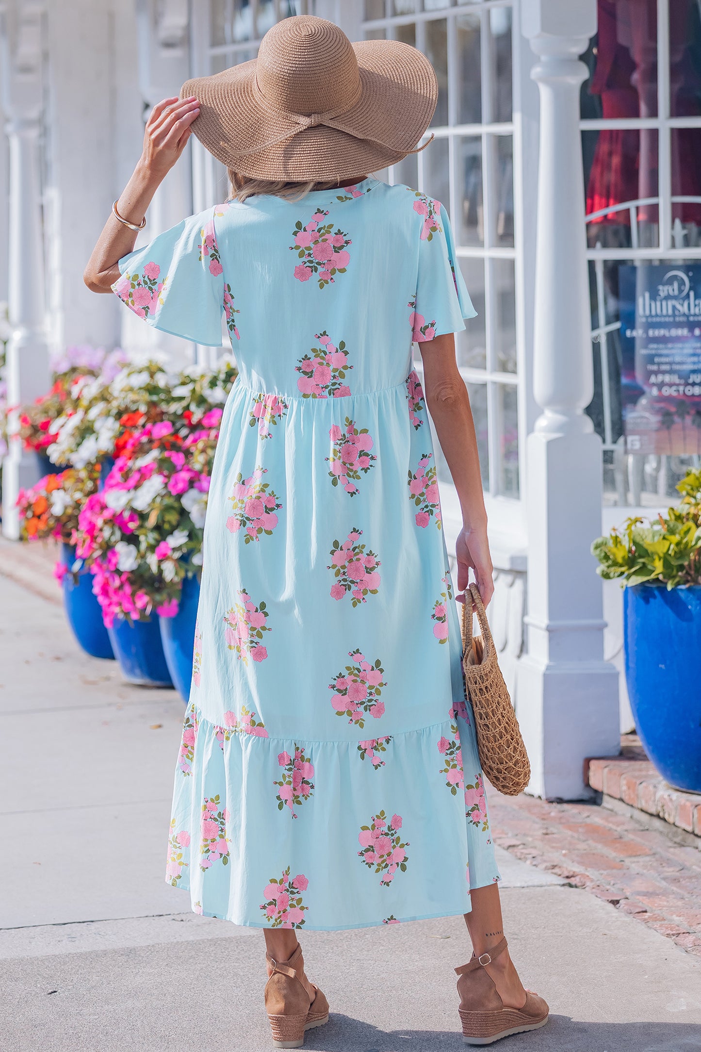 Notched Neck Flutter Short Sleeve Floral Print Maxi Dress
