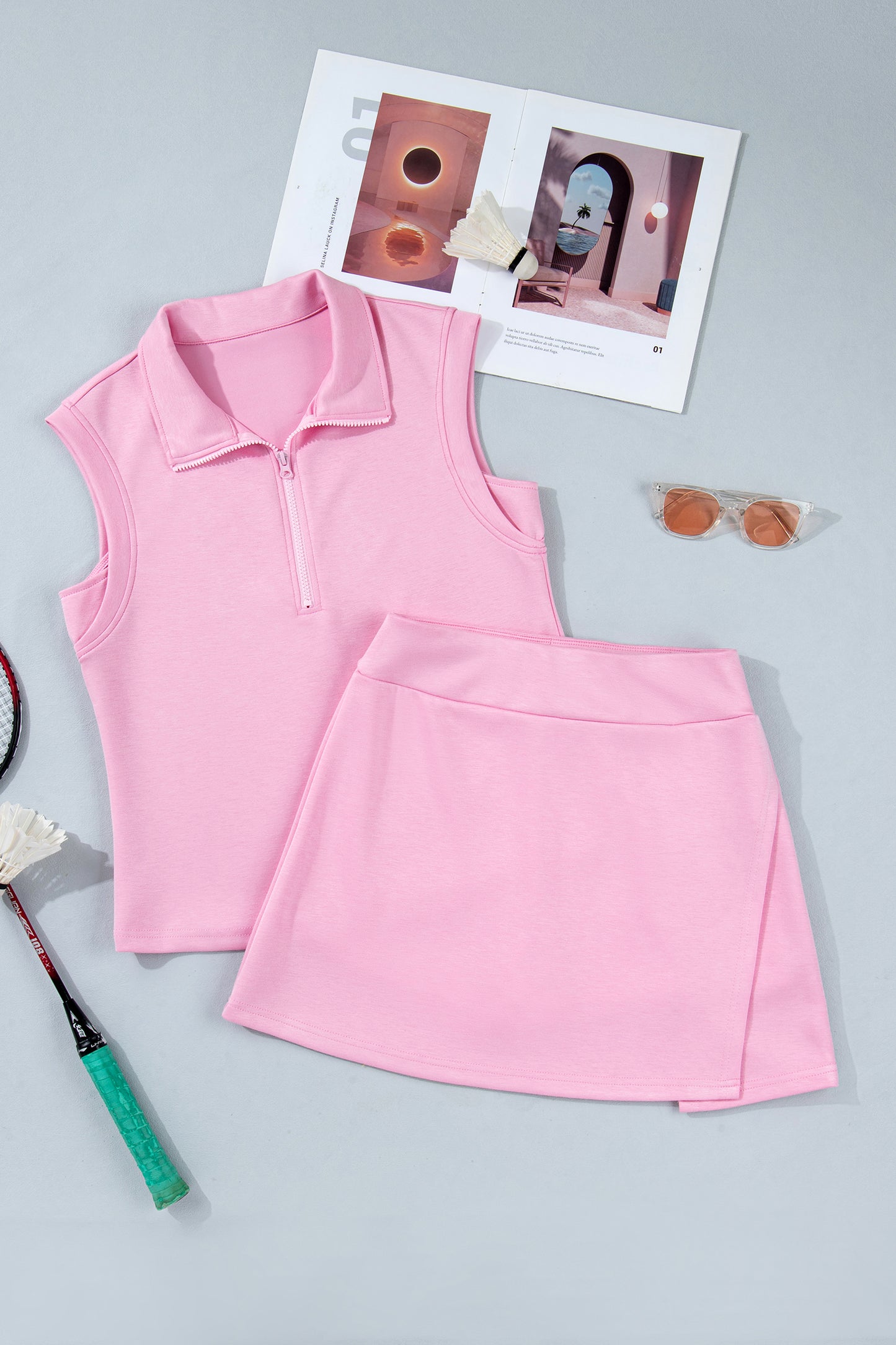 Solid Color Sleeveless Zipper Tank and Skort Set