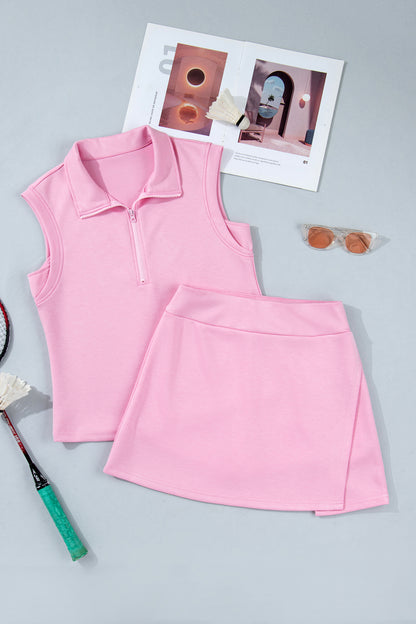 Solid Color Sleeveless Zipper Tank and Skort Set