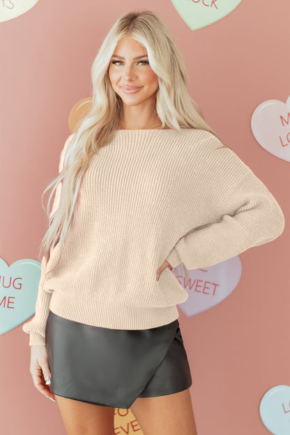 Black Ribbed Knit Ribbon Knot Backless Drop Shoulder Sweater