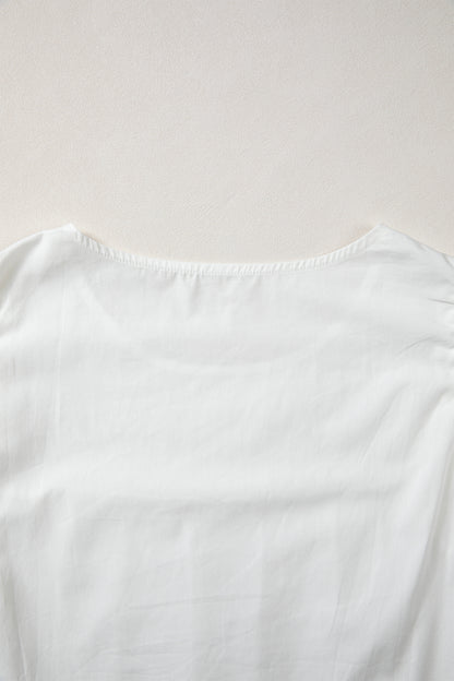Lace Detail Flutter Sleeve Pleated Round Neck Blouse