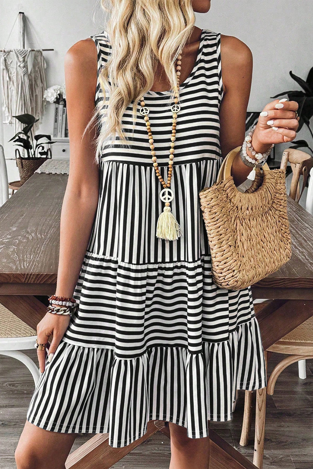 Stripe U Neck Sleeveless Loose Fit Mini Dress