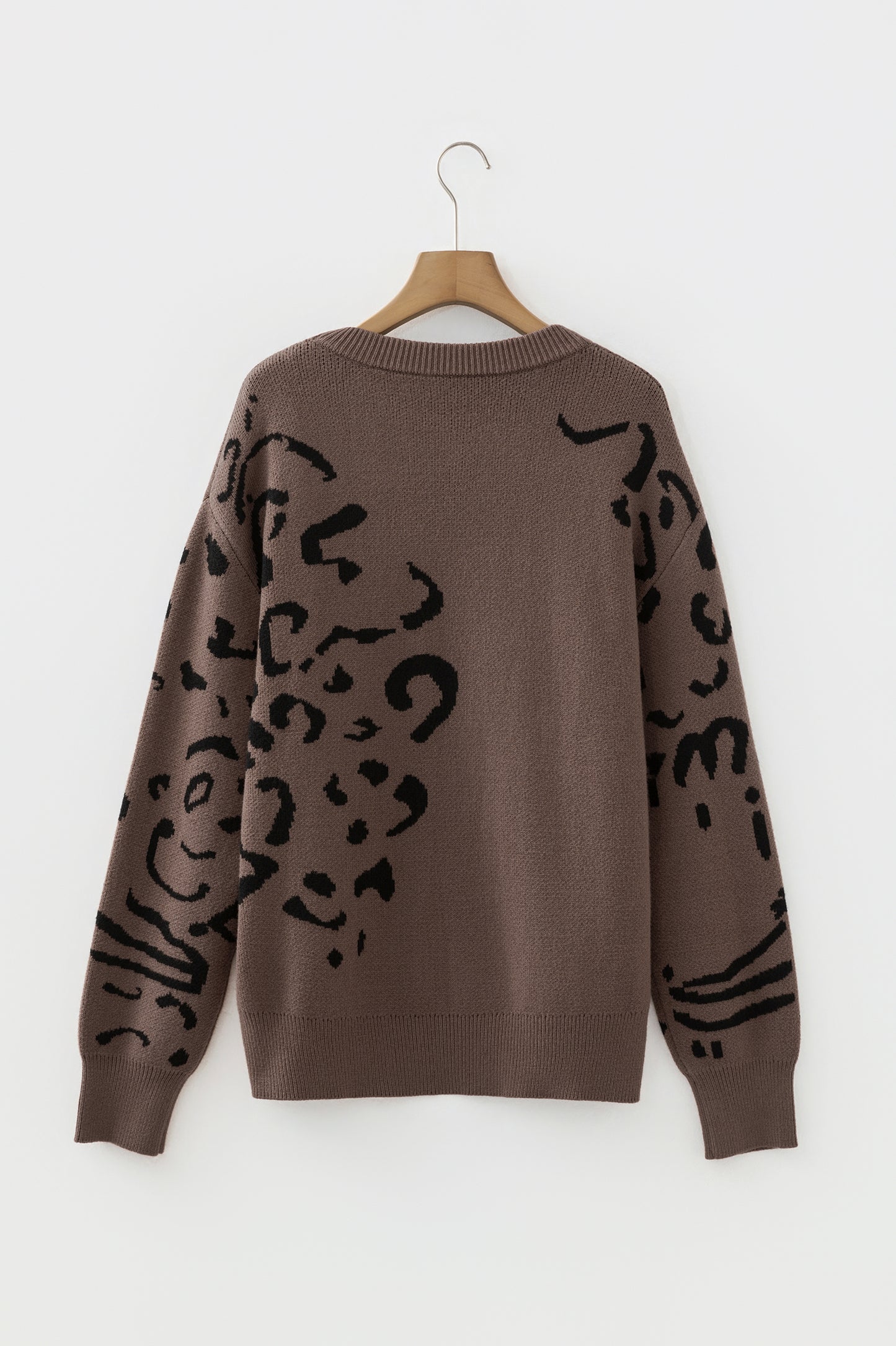 Camel Asymmetric Leopard Print Detail Drop Shoulder Sweater