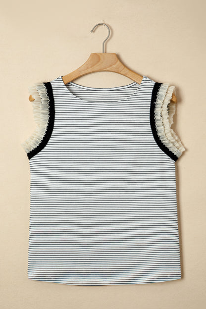 Black Stripe Contrasted Ruffle Trim Casual Tank Top