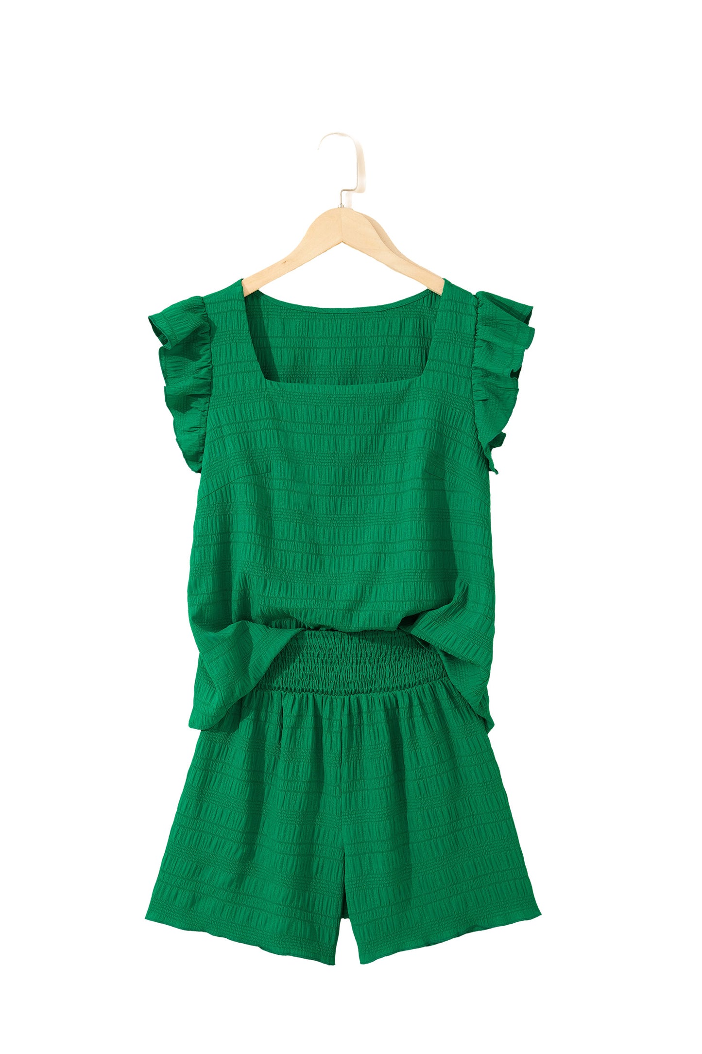 Textured Square Neck Top and Shirred High Waist Shorts Set