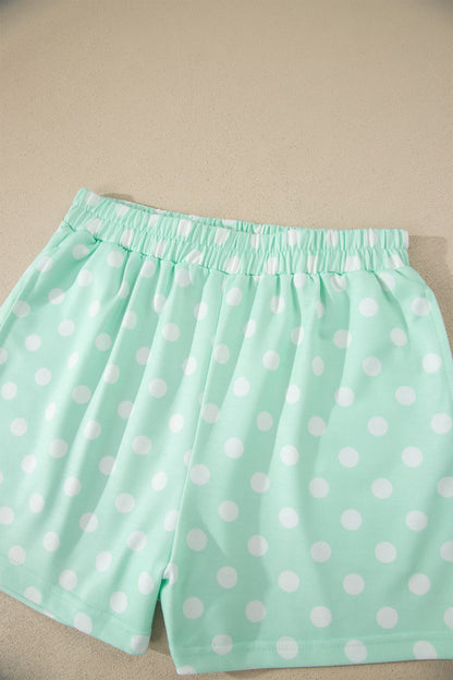 Polka Dot Print Color Block Trim Mock Neck Short Set