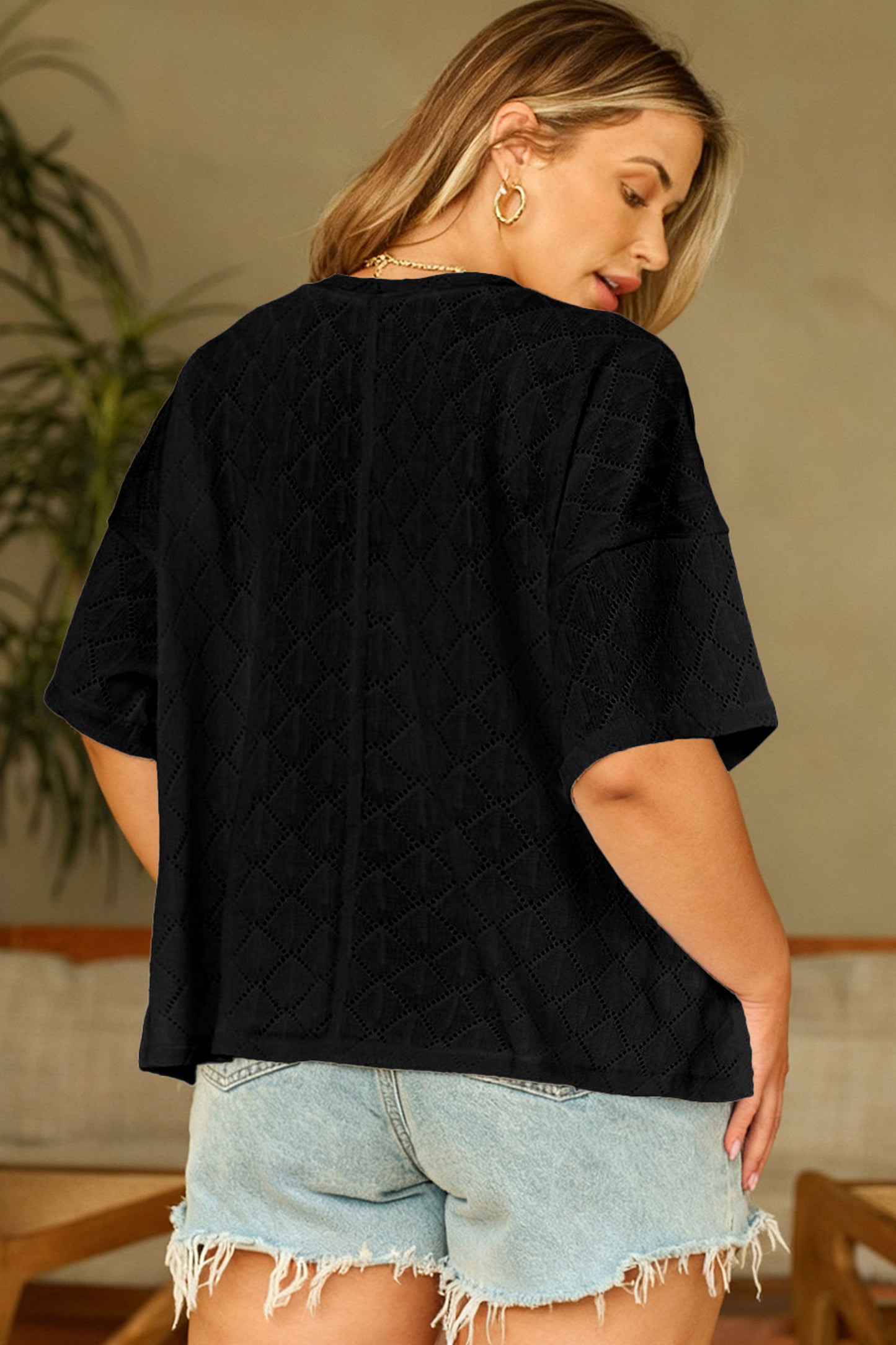 Golden Fleece Pointelle Rhombus Knit Plus Size V Neck Loose Top