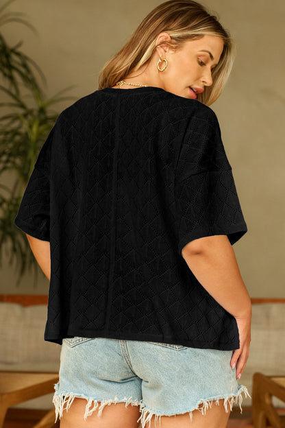 Golden Fleece Pointelle Rhombus Knit Plus Size V Neck Loose Top