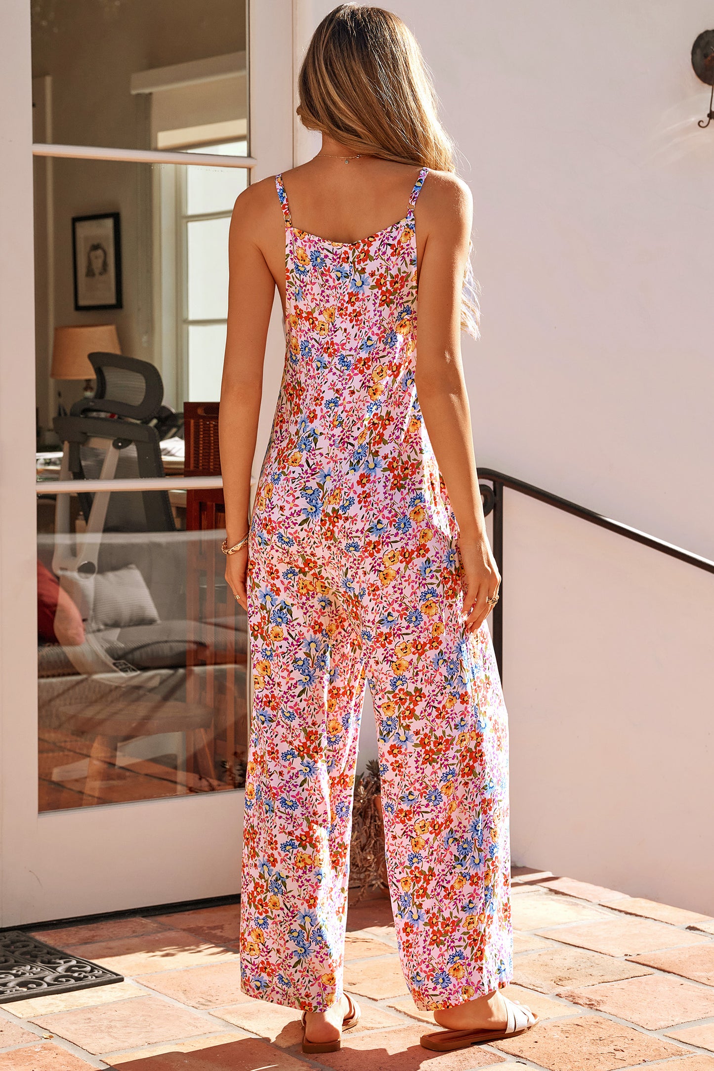 Floral Print Spaghetti Straps Loose Pocketed Jumpsuit