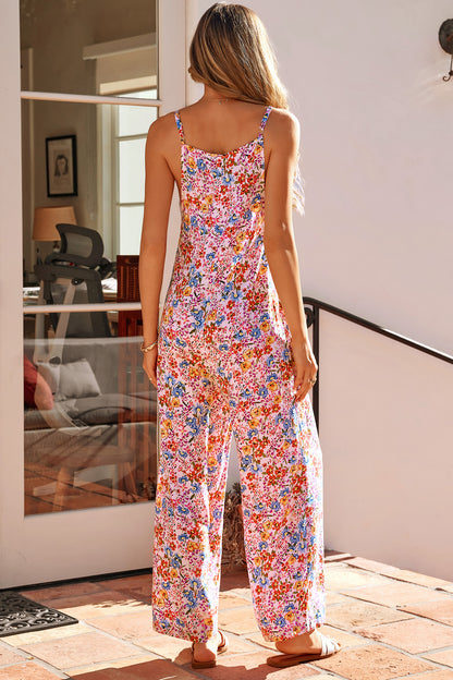 Floral Print Spaghetti Straps Loose Pocketed Jumpsuit
