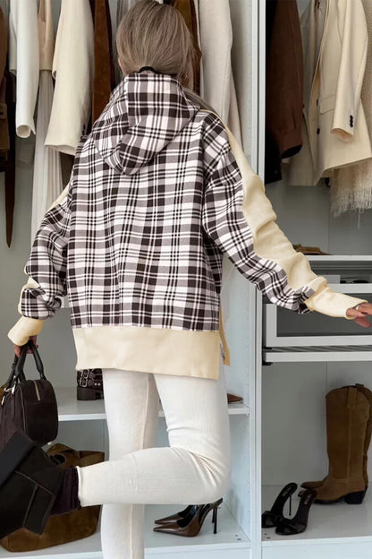 Beige Plaid Patchwork Side Slit Sweatshirt