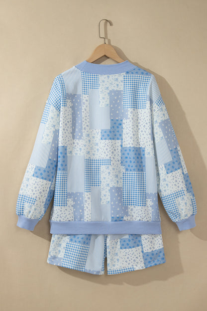 Patchwork Floral Print Drop Shoulder Baggy Pullover Drawstring Shorts Set