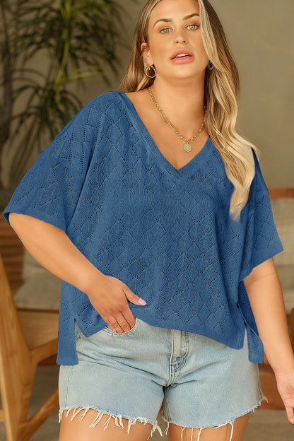 Golden Fleece Pointelle Rhombus Knit Plus Size V Neck Loose Top