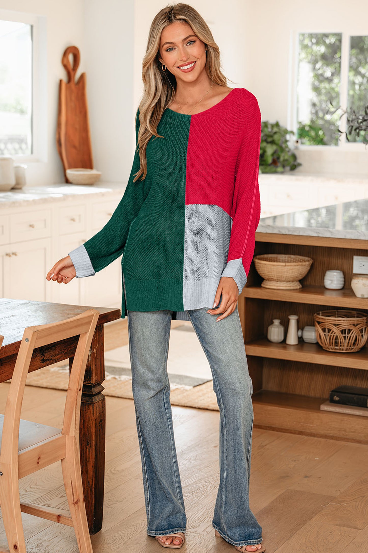Chestnut Color Block Knit V Neck Loose Sweater