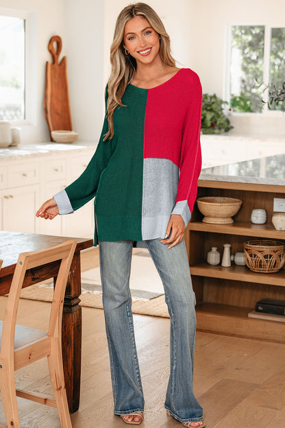 Chestnut Color Block Knit V Neck Loose Sweater