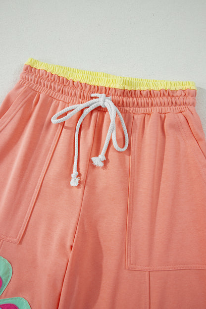 Color Block Flower Patchwork Drawstring Contrasted Elastic Waist Wide Leg Pants