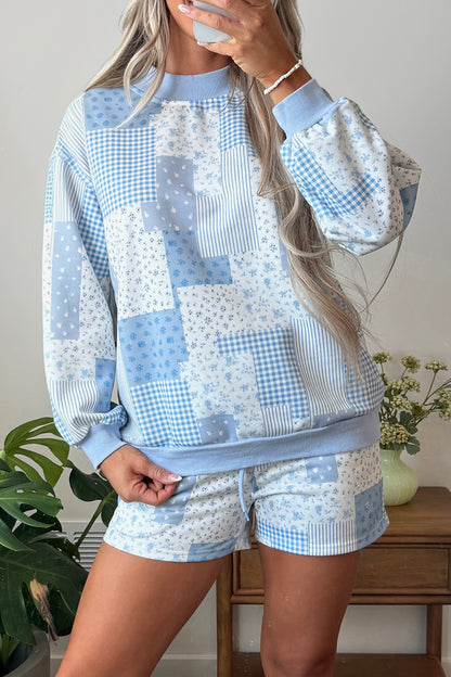 Patchwork Floral Print Drop Shoulder Baggy Pullover Drawstring Shorts Set