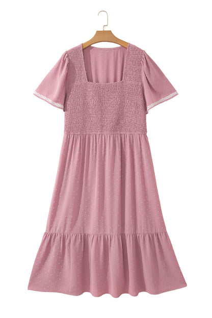 Pink Plus Size Swiss Dot Short Sleeve Smocked High Waist Flowy Midi Dress