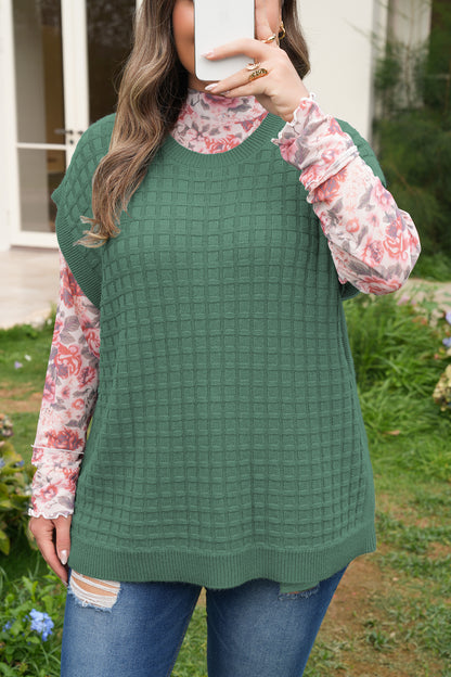 Mist Green Plus Size Solid Color Textured Knit Short Sleeve Sweater