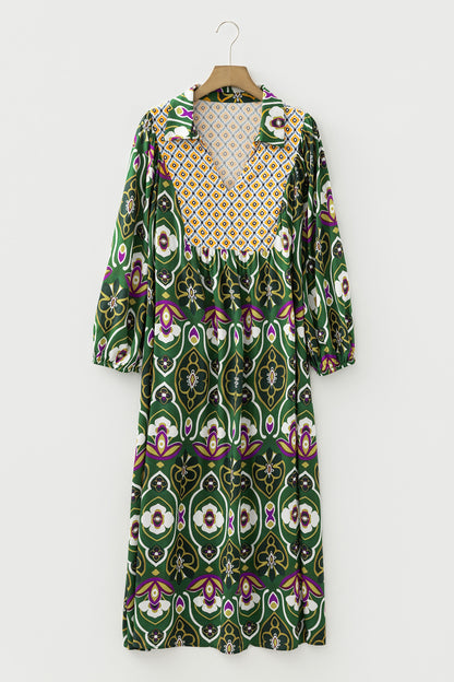 Green Plus Size Mixed Floral Patchwork V Neck Bracelet Sleeve Maxi Dress