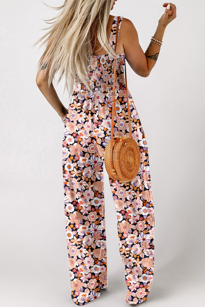 Purple Floral Print Smocked High Waist Square Neck Jumpsuit