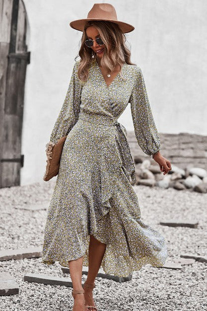 Ditsy Floral Vneck Ruffled Hem Wrap Midi Dress