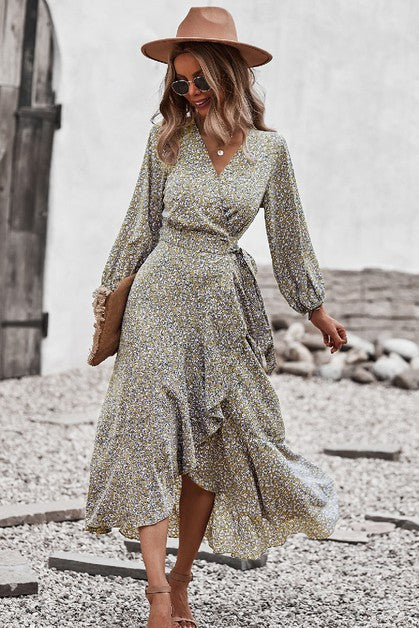 Ditsy Floral Vneck Ruffled Hem Wrap Midi Dress
