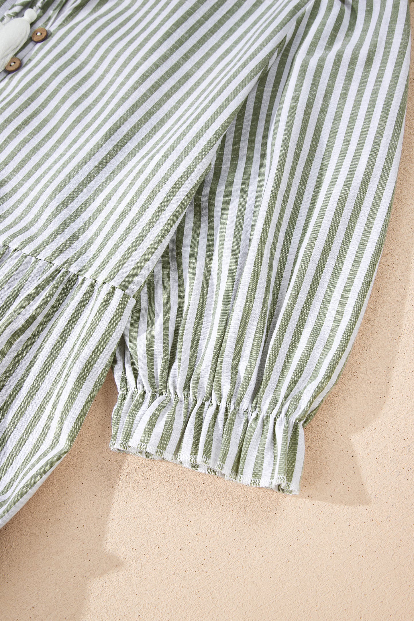 Green Stripe Tasseled Tie Neck Ruffled Short Sleeve Tiered Flattering Dress