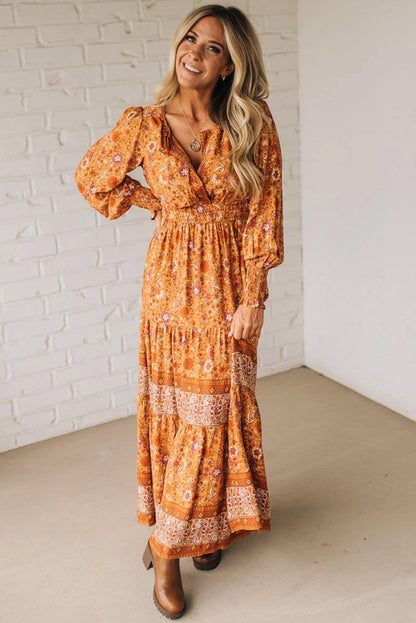 Orange Floral Print Smocked Waist Long Sleeve Boho Maxi Dress