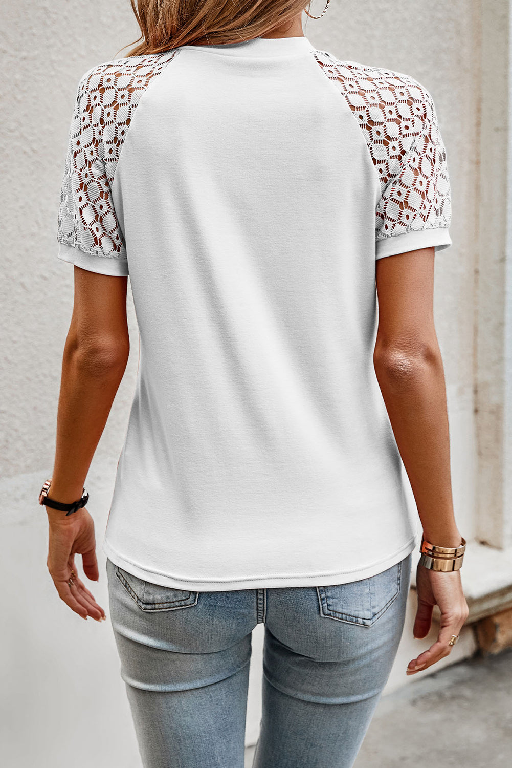White Seamed Detail Contrast Lace Raglan Sleeve Tee