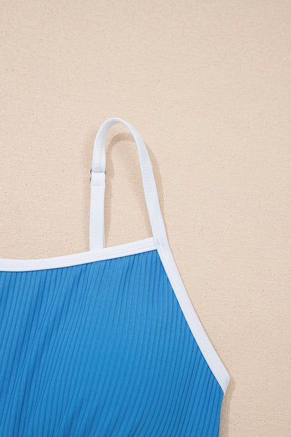 Color Block Edge Ribbed Pocketed Lined Swim Dress