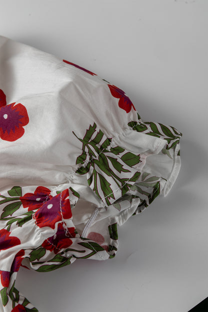 Beige Floral Short Bubble Sleeve Tiered Maxi Dress