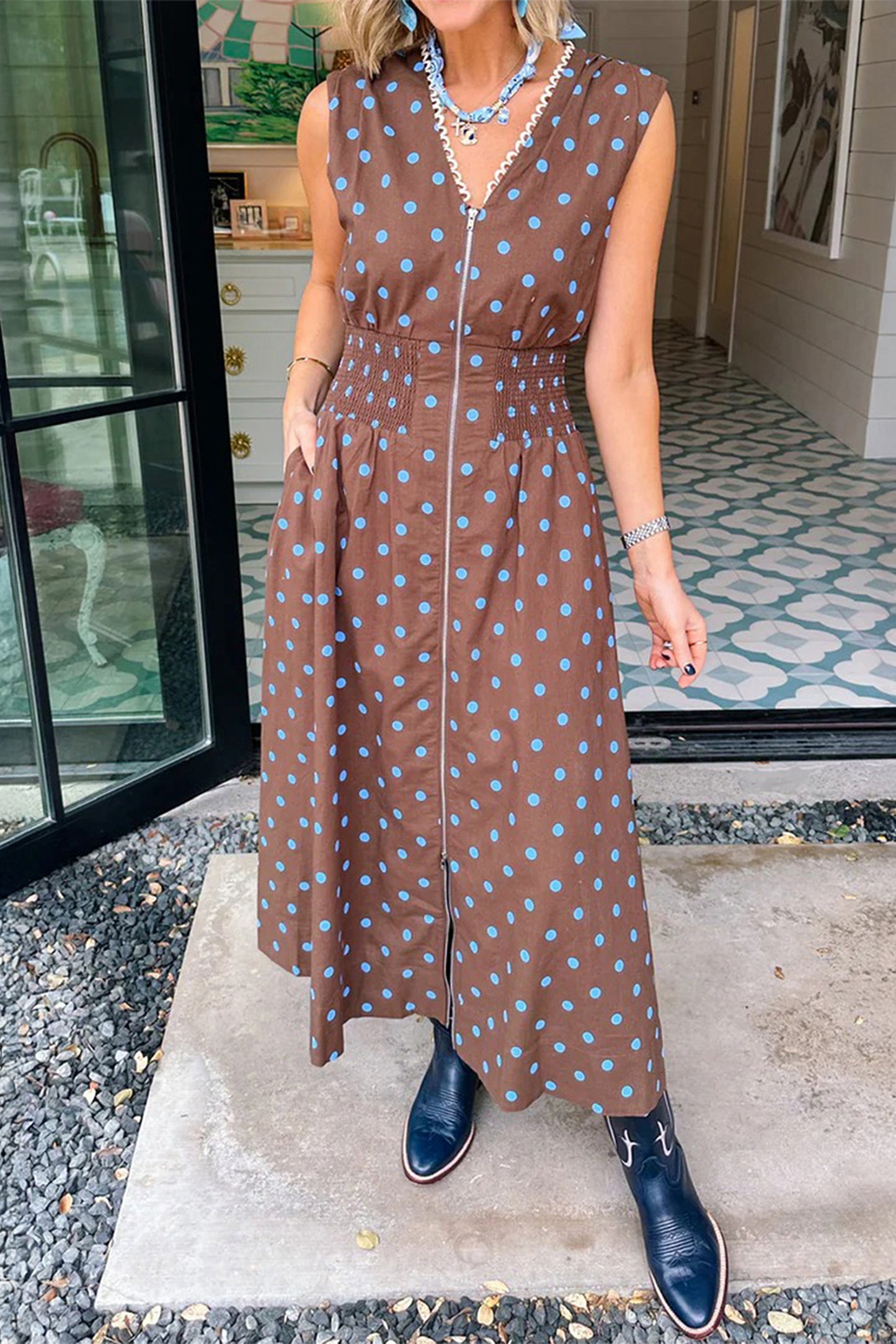 Polka Dot Print Contrast Trim V Neck Zip Up Sleeveless Dress
