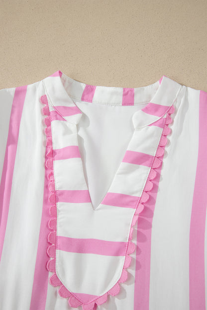 Stripe Ricrac Trim Notched Neck Half Sleeve Vacation Dress